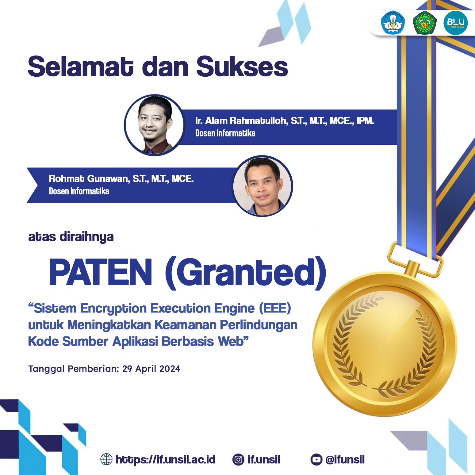 Selamat atas Diraihnya Paten (Granted) Sistem Encryption Execution Engine (EEE) untuk Meningkatkan Keamanan Perlindungan ode Sumber Aplikasi Berbasis Web